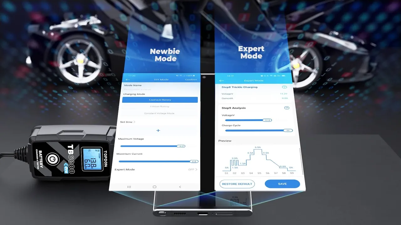 TOPDON BatteryLab app Beginner and Expert charging modes