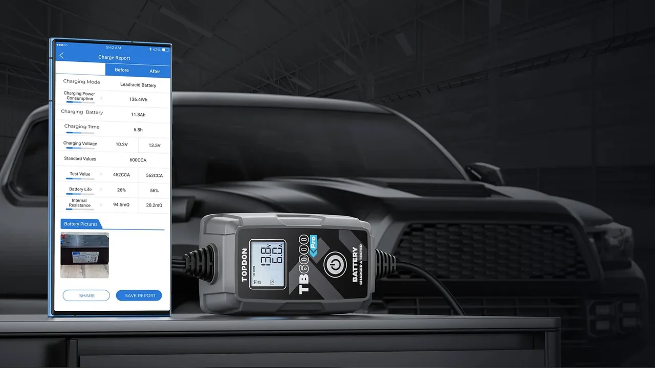TOPDON BatteryLab app showing a before-and-after charge report beside the TB6000 Pro